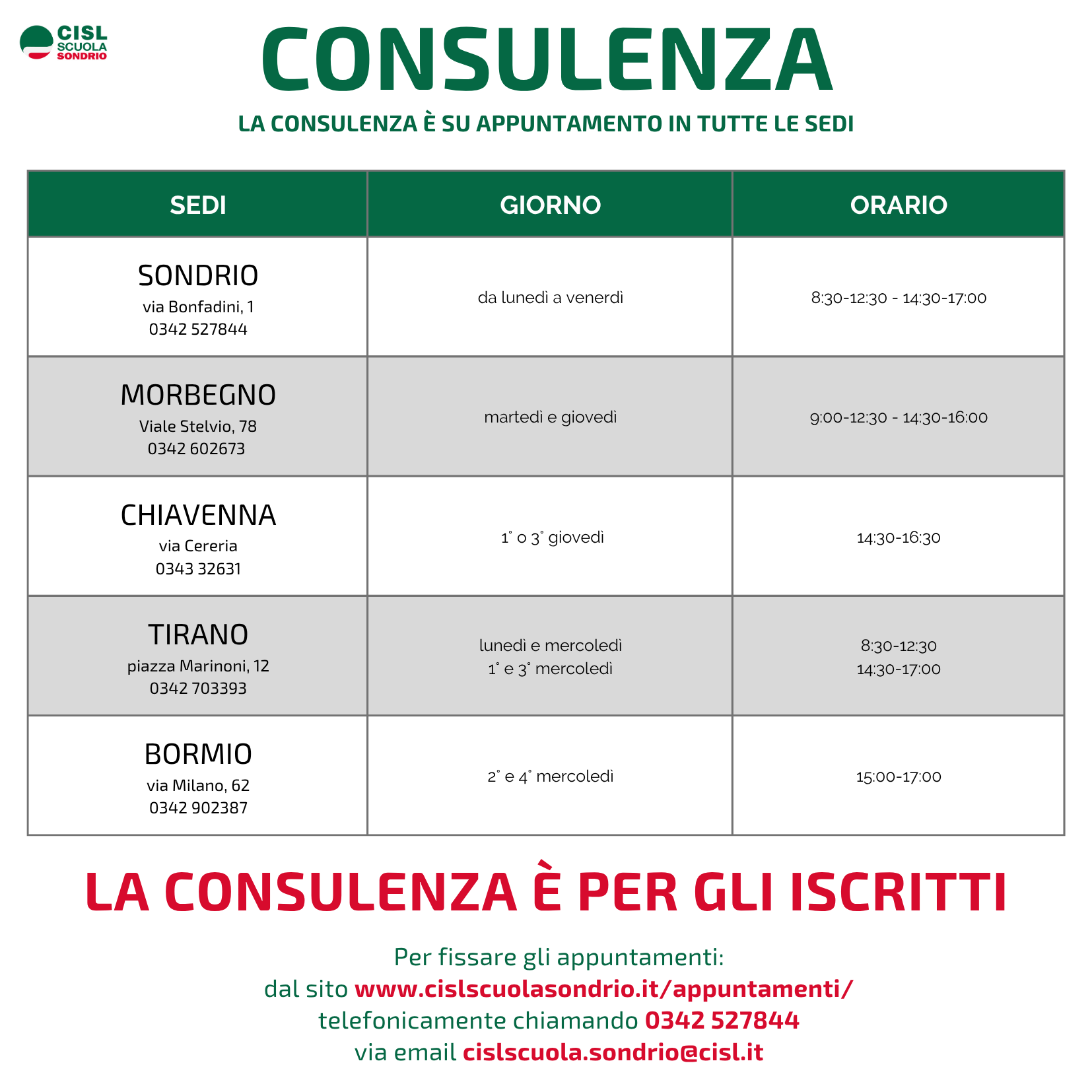 CONSULENZA CISL SCUOLA SONDRIO